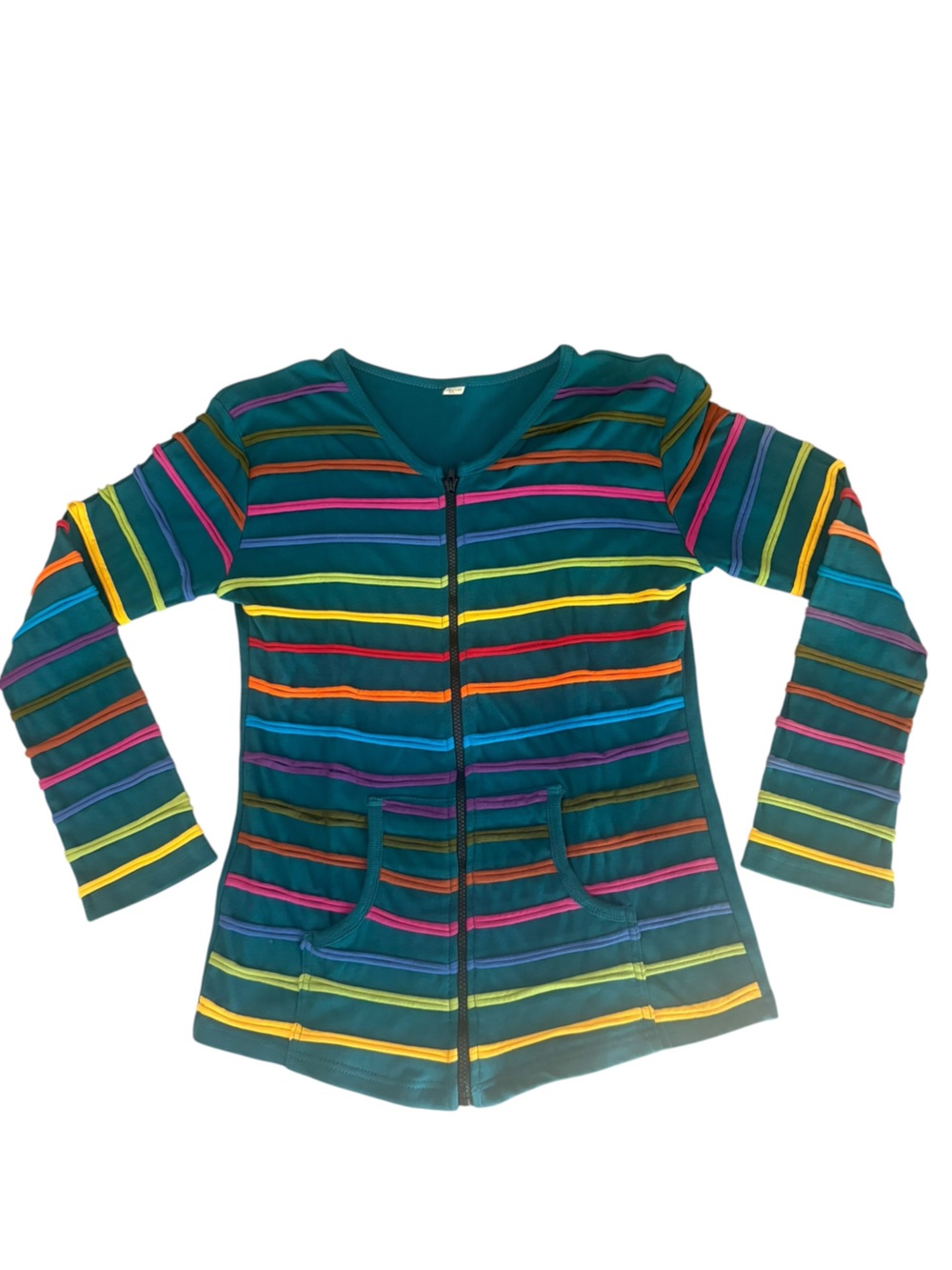 Rainbow Striped Textured Full Zip Long Sleeve Cotton Sweater Womens XXL